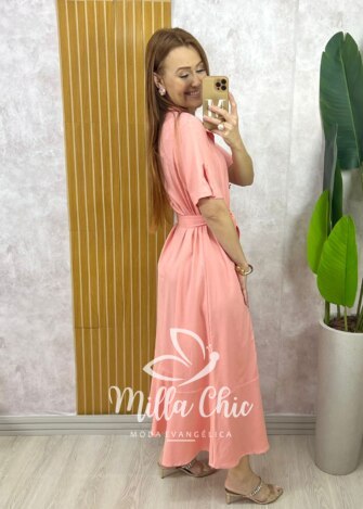 Vestido Lavínia em Linho - Pêssego - Milla Chic
