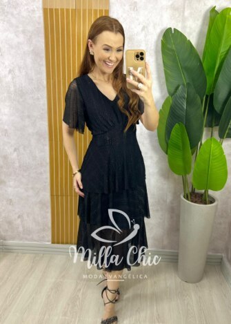Vestido Longo Magda em Tule com Lurex - Preto - Milla Chic