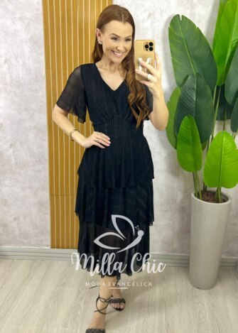 Vestido Longo Magda em Tule com Lurex - Preto - Milla Chic