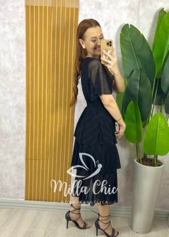Vestido Longo Magda em Tule com Lurex - Preto - Milla Chic