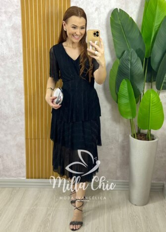 Vestido Longo Magda em Tule com Lurex - Preto - Milla Chic
