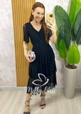 Vestido Longo Magda em Tule com Lurex - Preto - Milla Chic