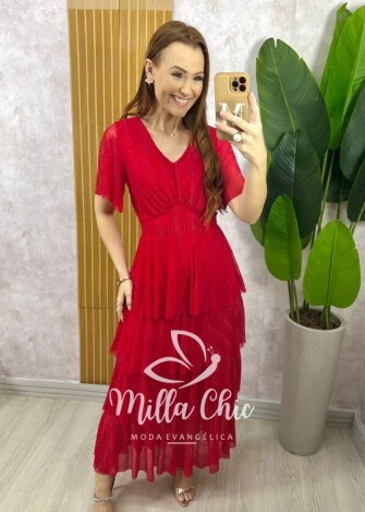 Vestido Longo Magda em Tule com Lurex - Vermelho - Milla Chic