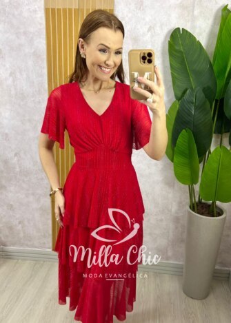 Vestido Longo Magda em Tule com Lurex - Vermelho - Milla Chic