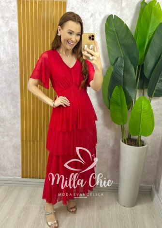 Vestido Longo Magda em Tule com Lurex - Vermelho - Milla Chic