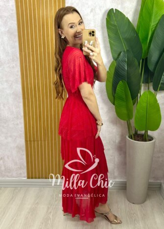 Vestido Longo Magda em Tule com Lurex - Vermelho - Milla Chic