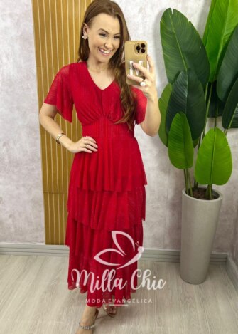 Vestido Longo Magda em Tule com Lurex - Vermelho - Milla Chic