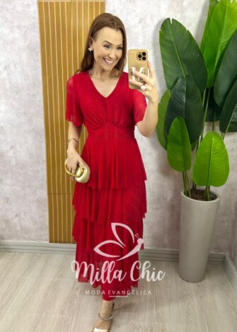 Vestido Longo Magda em Tule com Lurex - Vermelho - Milla Chic