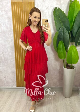 Vestido Longo Magda em Tule com Lurex - Vermelho - Milla Chic