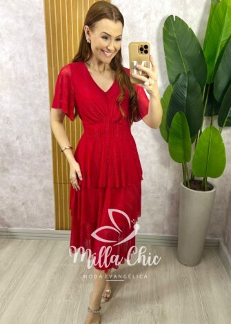 Vestido Longo Magda em Tule com Lurex - Vermelho - Milla Chic