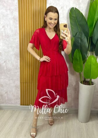 Vestido Longo Magda em Tule com Lurex - Vermelho - Milla Chic