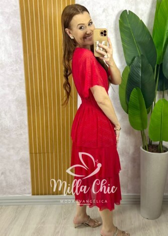 Vestido Longo Magda em Tule com Lurex - Vermelho - Milla Chic