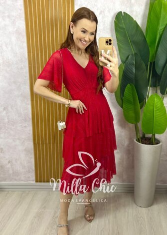 Vestido Longo Magda em Tule com Lurex - Vermelho - Milla Chic
