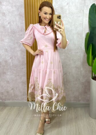 Vestido Lorena Em Lesie Bordado - Rosa - Milla Chic