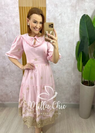 Vestido Lorena Em Lesie Bordado - Rosa - Milla Chic