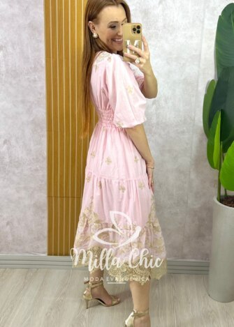 Vestido Lorena Em Lesie Bordado - Rosa - Milla Chic