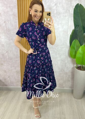Vestido Marcela em Alfaiataria Estampado - Azul Marinho - Milla Chic
