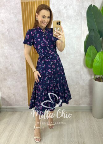 Vestido Marcela em Alfaiataria Estampado - Azul Marinho - Milla Chic