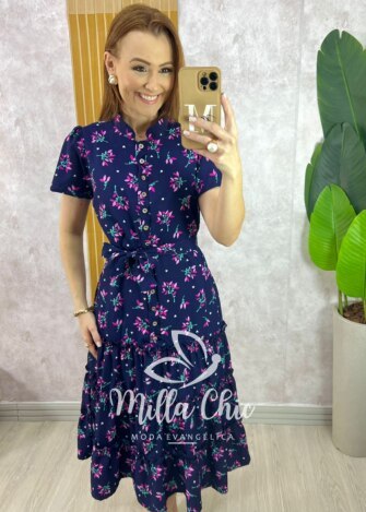 Vestido Marcela em Alfaiataria Estampado - Azul Marinho - Milla Chic