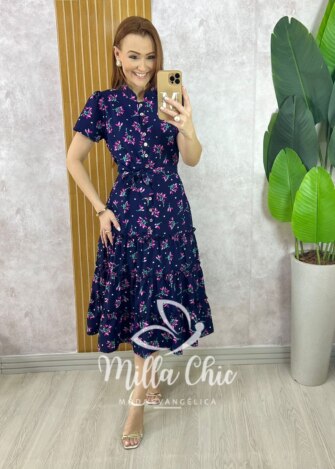 Vestido Marcela em Alfaiataria Estampado - Azul Marinho - Milla Chic