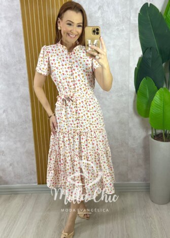 Vestido Marcela em Alfaiataria Estampado - Floral Off White - Milla Chic