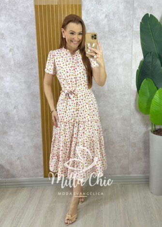 Vestido Marcela em Alfaiataria Estampado - Floral Off White - Milla Chic