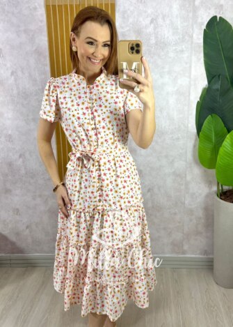Vestido Marcela em Alfaiataria Estampado - Floral Off White - Milla Chic