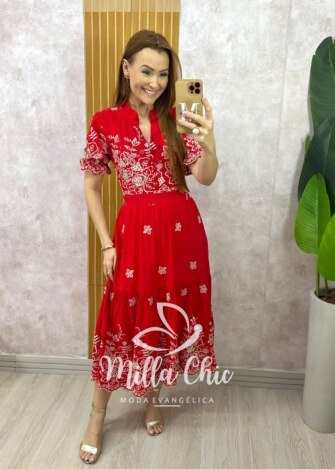 Vestido Valéria em Lesie Bordado - Vermelho - Milla Chic