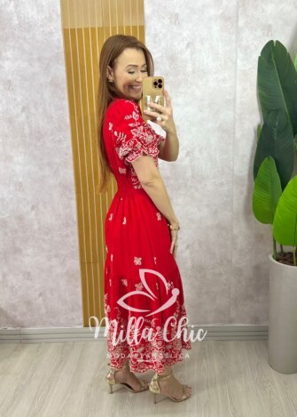 Vestido Valéria em Lesie Bordado - Vermelho - Milla Chic