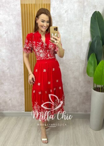 Vestido Valéria em Lesie Bordado - Vermelho - Milla Chic