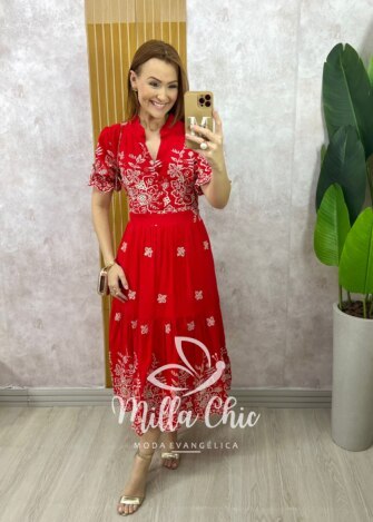 Vestido Valéria em Lesie Bordado - Vermelho - Milla Chic