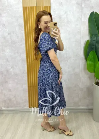 Vestido Camponesa Em Viscolinho estampado azul - Milla Chic