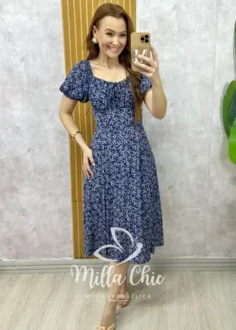 Vestido Camponesa Em Viscolinho estampado azul - Milla Chic
