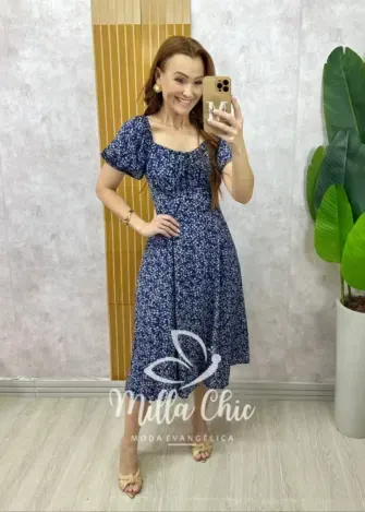 Vestido Camponesa Em Viscolinho estampado azul - Milla Chic