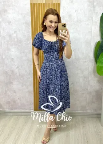 Vestido Camponesa Em Viscolinho estampado azul - Milla Chic