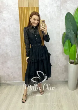 Vestido Rebeca em chiffon bordado Rosa Pó - Milla Chic
