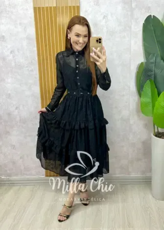 Vestido Rebeca em chiffon bordado Rosa Pó - Milla Chic