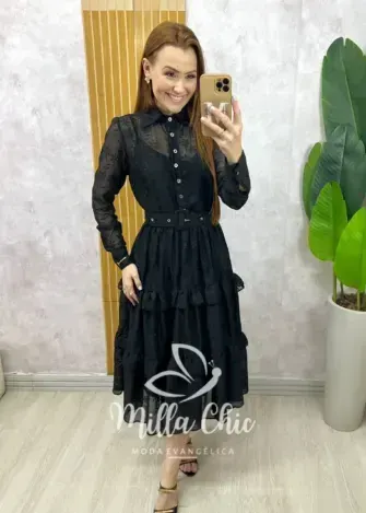 Vestido Rebeca em chiffon bordado Rosa Pó - Milla Chic