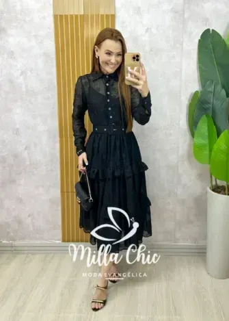 Vestido Rebeca em chiffon bordado Rosa Pó - Milla Chic