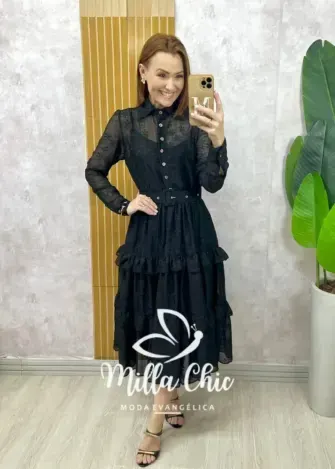 Vestido Rebeca em chiffon bordado Rosa Pó - Milla Chic