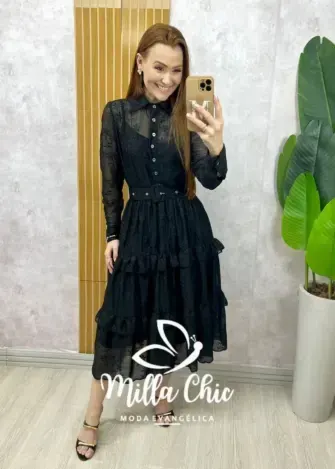 Vestido Rebeca em chiffon bordado Rosa Pó - Milla Chic