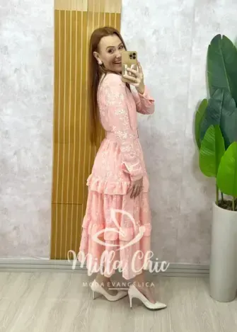 Vestido Rebeca em chiffon bordado Rosa Pó - Milla Chic