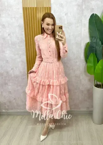 Vestido Rebeca em chiffon bordado Rosa Pó - Milla Chic