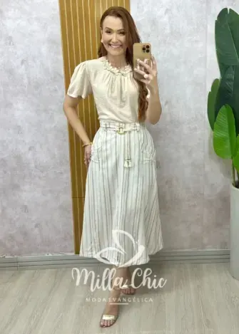 Saia Lisa Em Linho - Areia - Milla Chic