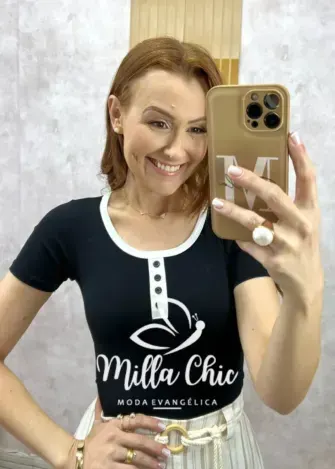 Blusa Marjorie Polo Em Viscolycra -Preto - Milla Chic