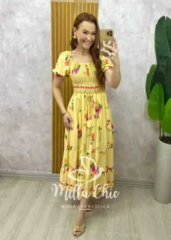 Vestido Melina Manga Princesa - Amarelo - Milla Chic