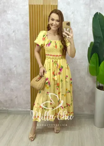 Vestido Melina Manga Princesa - Amarelo - Milla Chic