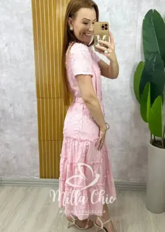 Vestido Maiara em Lesie algodão rosa pó bordado - Milla Chic