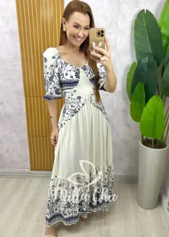 Vestido Rafaela em viscolinho - Branco estampa mosaico - Milla Chic