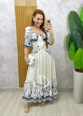 Vestido Rafaela em viscolinho – Branco estampa mosaico – Milla Chic Vestido Rafaela em viscolinho - Branco estampa mosaico - Milla Chic